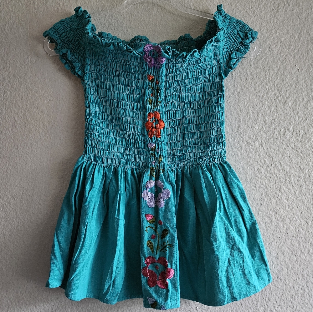Teal Smocked Dress with Floral Embroidery
